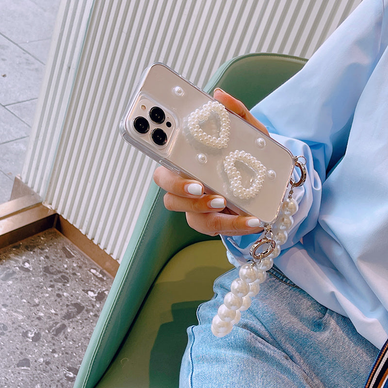 スマホケース H5「パールハート」パールリストストラップ付き クリア