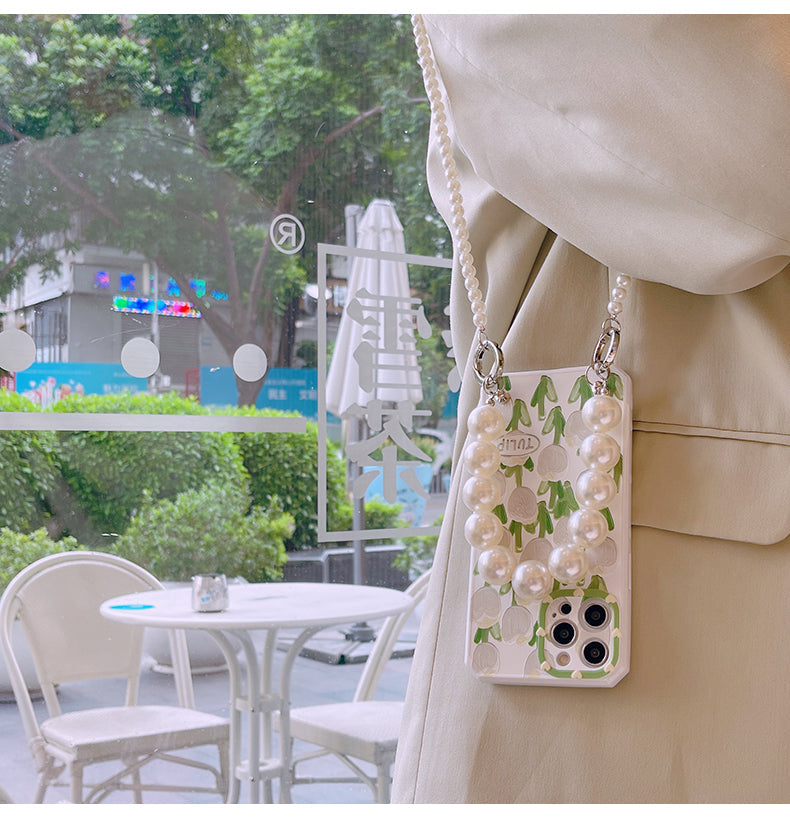 スマホケース H5 「油彩・チューリップ 」パールダブルストラップ付き