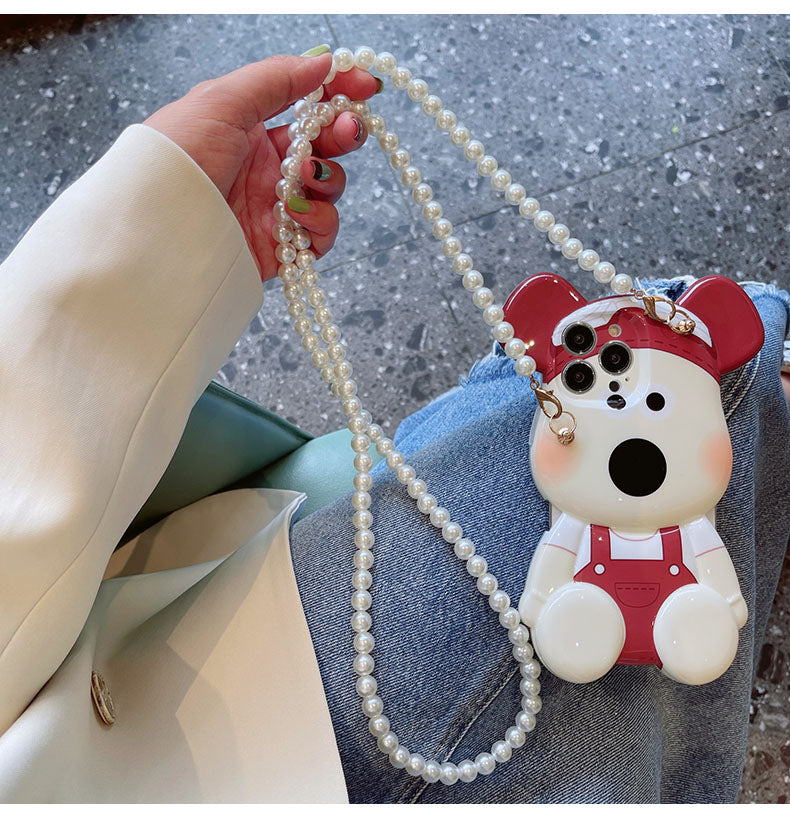 スマホケース H5「パイロット犬ベア」パールストラップ付き ブルー/レッド