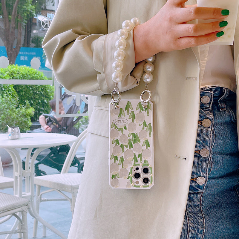 スマホケース H5 「油彩・チューリップ 」パールダブルストラップ付き