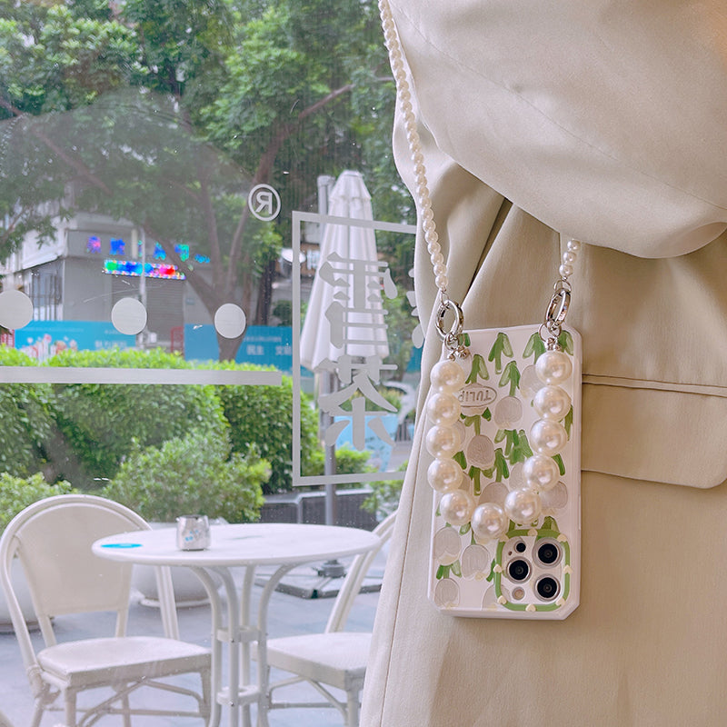 スマホケース H5 「油彩・チューリップ 」パールダブルストラップ付き