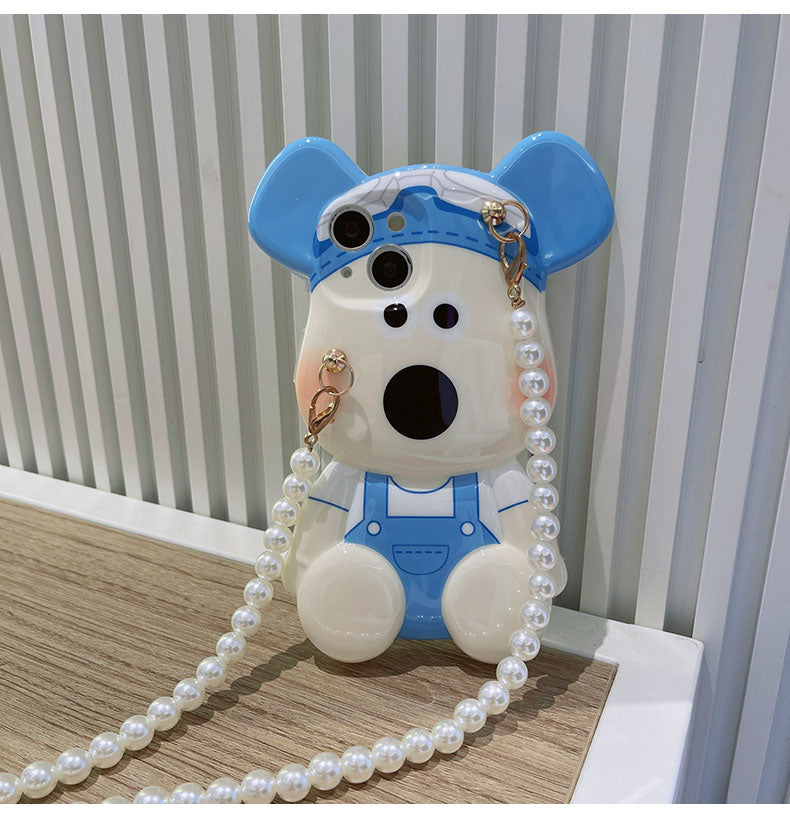 スマホケース H5「パイロット犬ベア」パールストラップ付き ブルー/レッド
