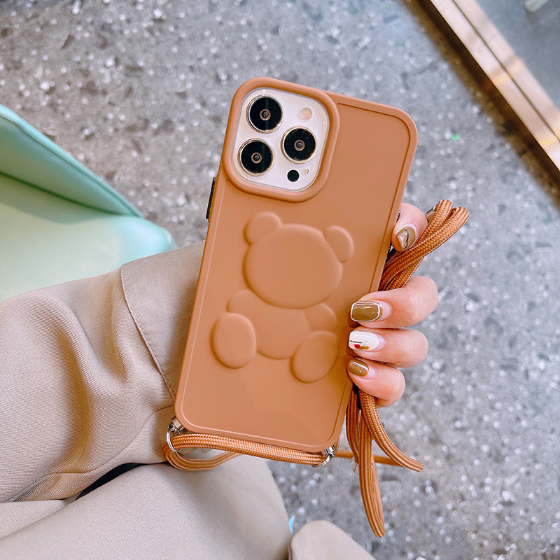 スマホケース H5「3Dクマ」ストラップ付き ブラウン