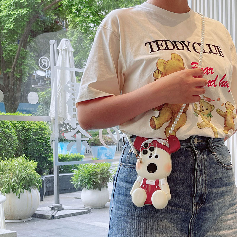 スマホケース H5「パイロット犬ベア」パールストラップ付き ブルー/レッド