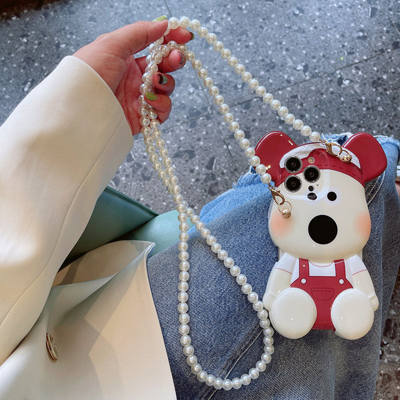 スマホケース H5「パイロット犬ベア」パールストラップ付き ブルー/レッド