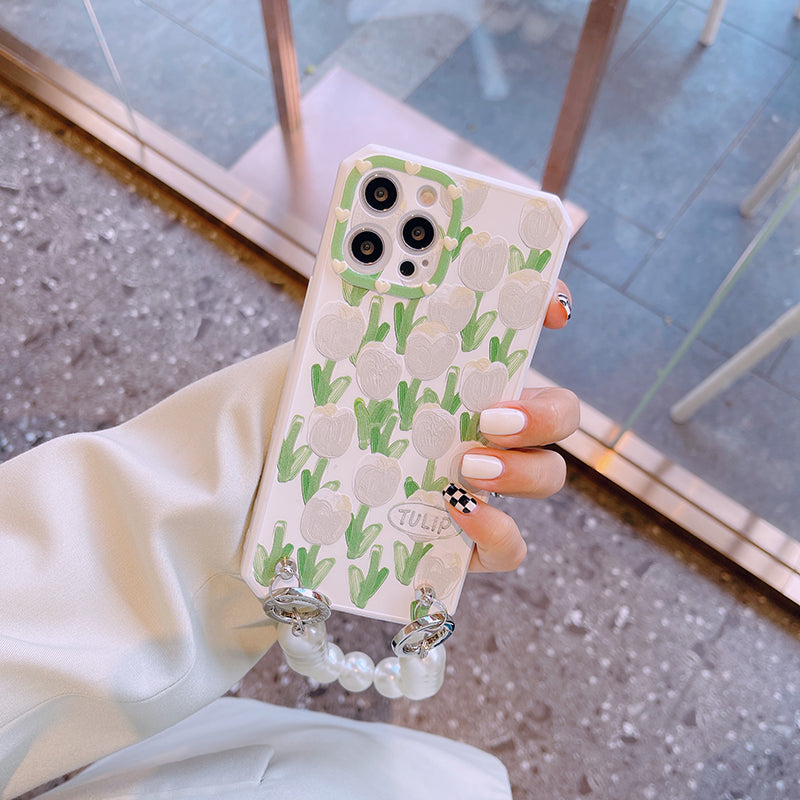 スマホケース H5 「油彩・チューリップ 」パールダブルストラップ付き