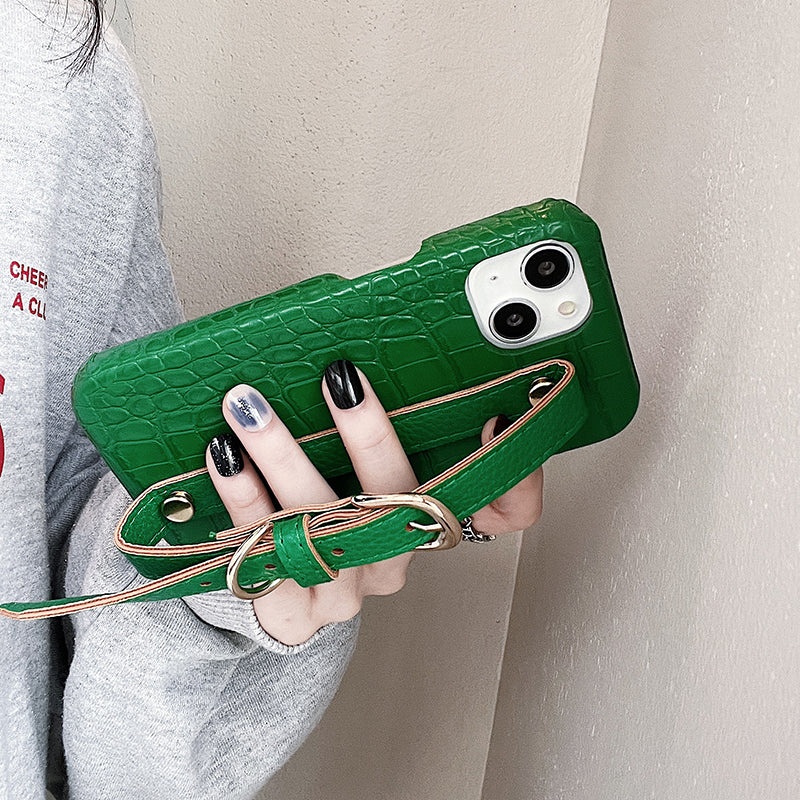 スマホケース H5「ワニ柄」レザー リストストラップ グリーン