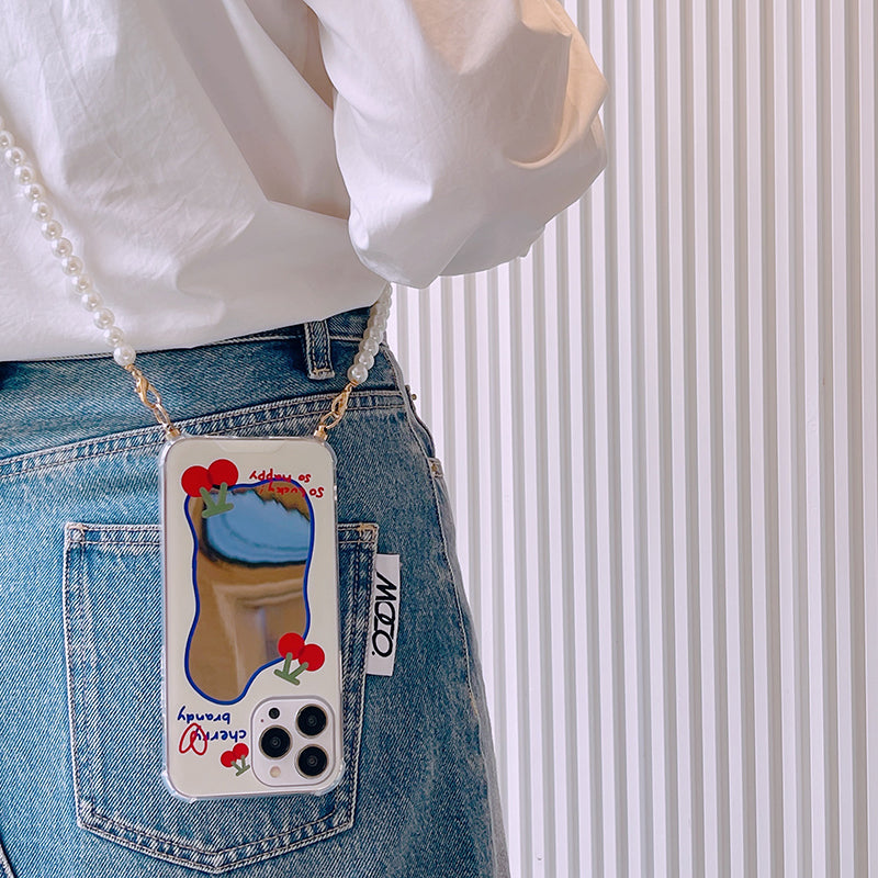 スマホケース H5「サクランボミラー」パールストラップ付き ホワイト