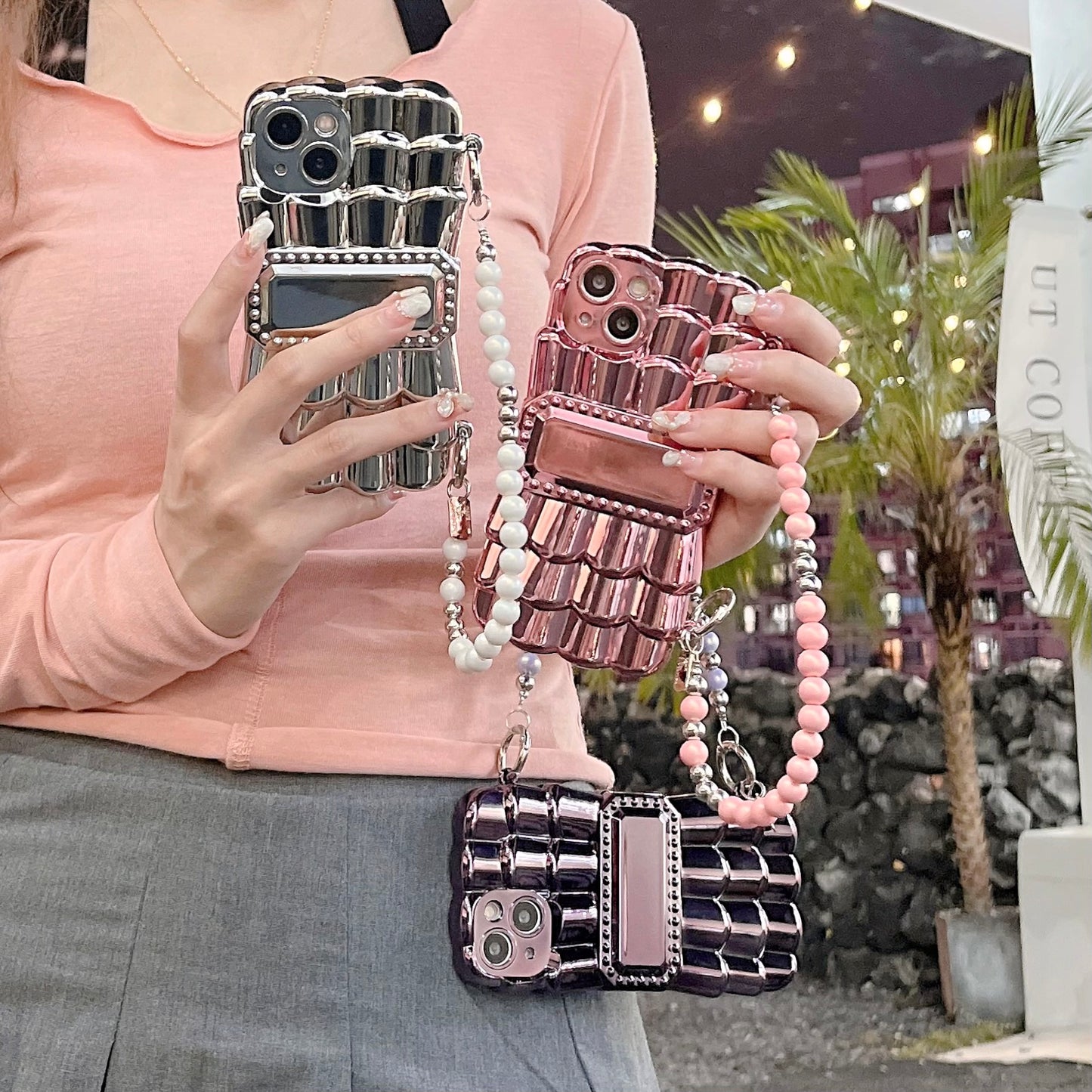 032601 スマホケース 電鍍 蝶々結び 短いチェーン CO-CASE