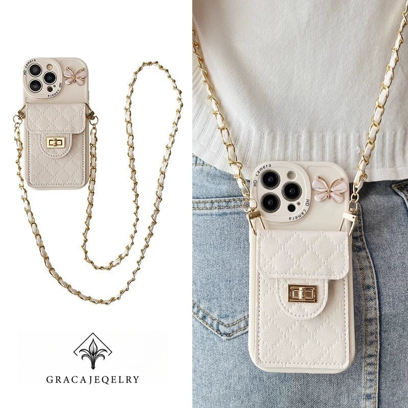 The new French diamond butterfly card bag is suitable for Apple mobile phone case, the new 16pro lambskin 15 crossbody lanyard can be strapped, all-inclusive leather small fragrance 13 all-inclusive anti-drop 12 silicone