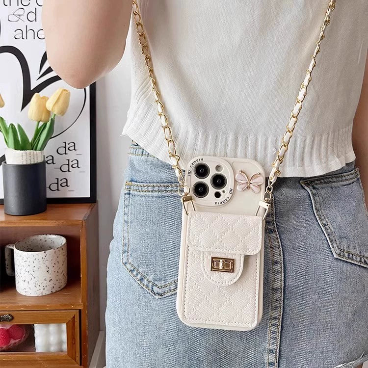 The new French diamond butterfly card bag is suitable for Apple mobile phone case, the new 16pro lambskin 15 crossbody lanyard can be strapped, all-inclusive leather small fragrance 13 all-inclusive anti-drop 12 silicone