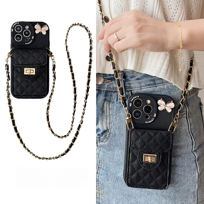 The new French diamond butterfly card bag is suitable for Apple mobile phone case, the new 16pro lambskin 15 crossbody lanyard can be strapped, all-inclusive leather small fragrance 13 all-inclusive anti-drop 12 silicone